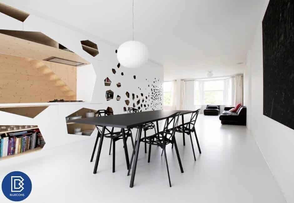 Thiết kế nội thất văn phòng phong cách tối giản 8 Thiết kế nội thất văn phòng sử dụng kết hợp màu đen - trắng và đường nét góc cạnh cùng các hình khối tạo điểm nhấn cho không gian