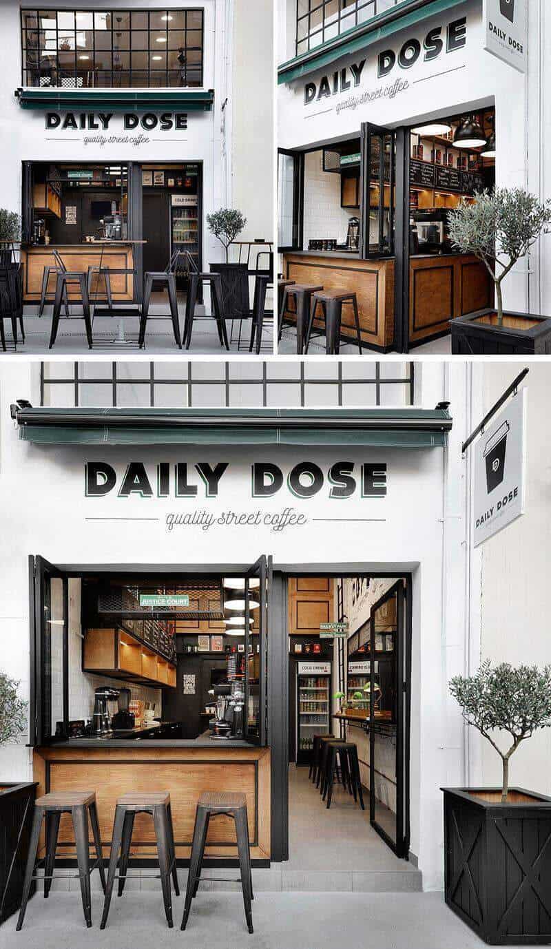 Mặt tiền thiết kế quán cafe take away đẹp độc đáo tone trắng nhã nhặn