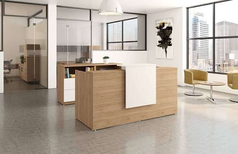 Quầy lễ tân gỗ MDF 33 Quầy lễ tân gỗ MDF ván ép tối giản, tạo thiện cảm với khách hàng
