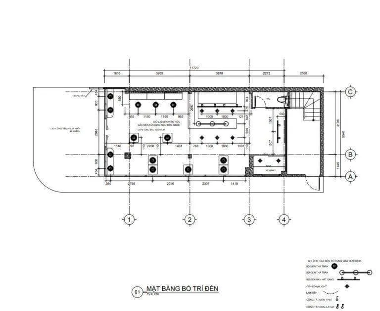 Mặt bằng bố trí đèn cho thiết kế quán cafe đẹp tại Bluecons