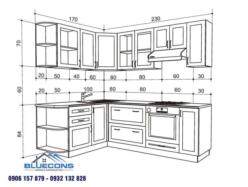Kích thước tủ bếp chữ L 2 Thiết kế phòng chung cư đẹp