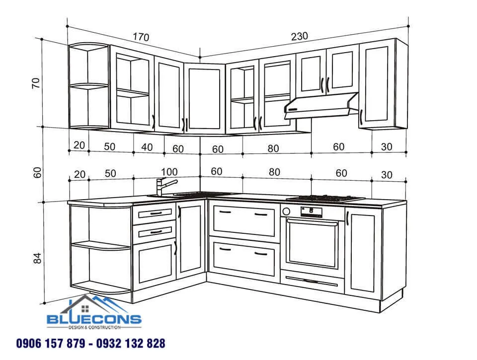 Kích thước tủ bếp chữ L 3 Thiết kế phòng chung cư đẹp