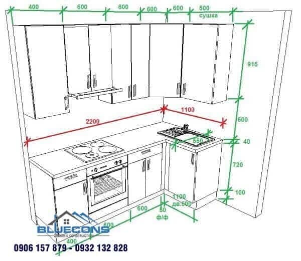 Kích thước tủ bếp chữ L 3 Thiết kế phòng chung cư đẹp