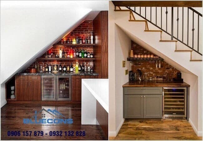 Thiết kế quầy bar mini ngay dưới gầm cầu thang