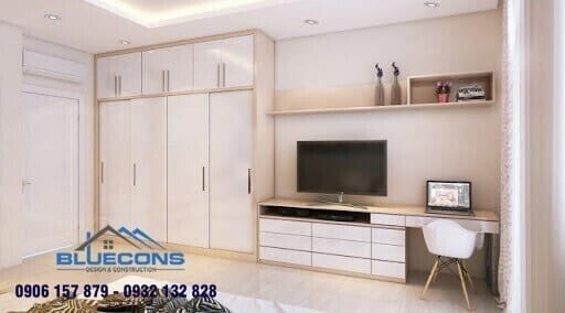 Mẫu Tủ quần áo 4 buồng kết hợp bàn làm việc 