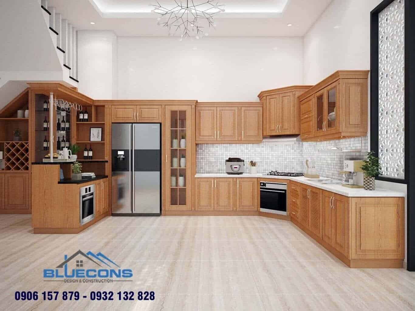 Độc đáo, tiện lợi với tủ gỗ sồi vân đẹp chữ U kết hợp quầy bar