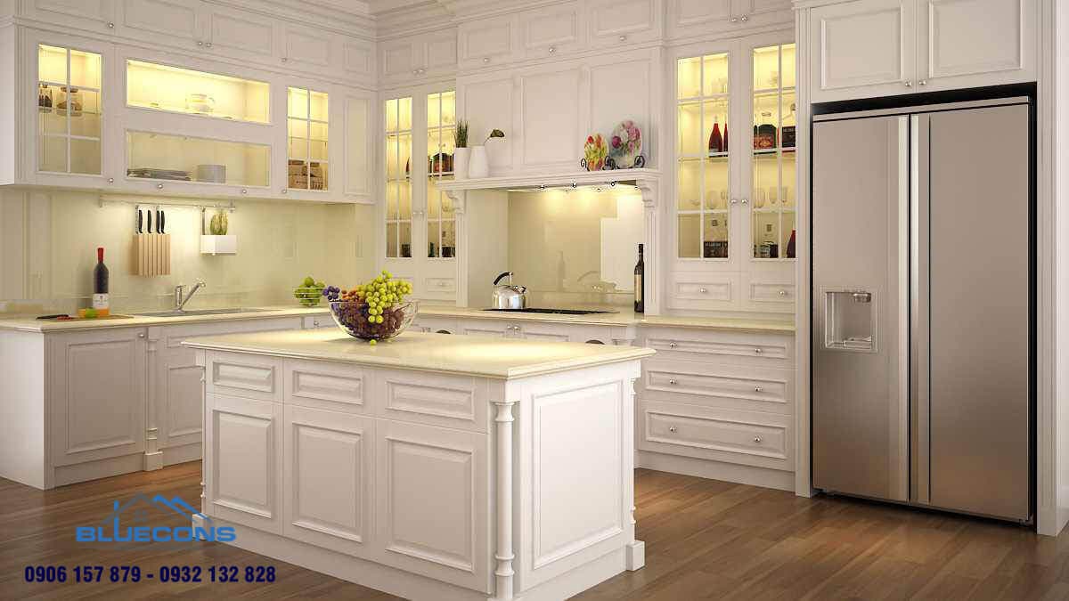 Thích mê tủ bếp gỗ xoan đào MDF sơn trắng đậm chất Tây