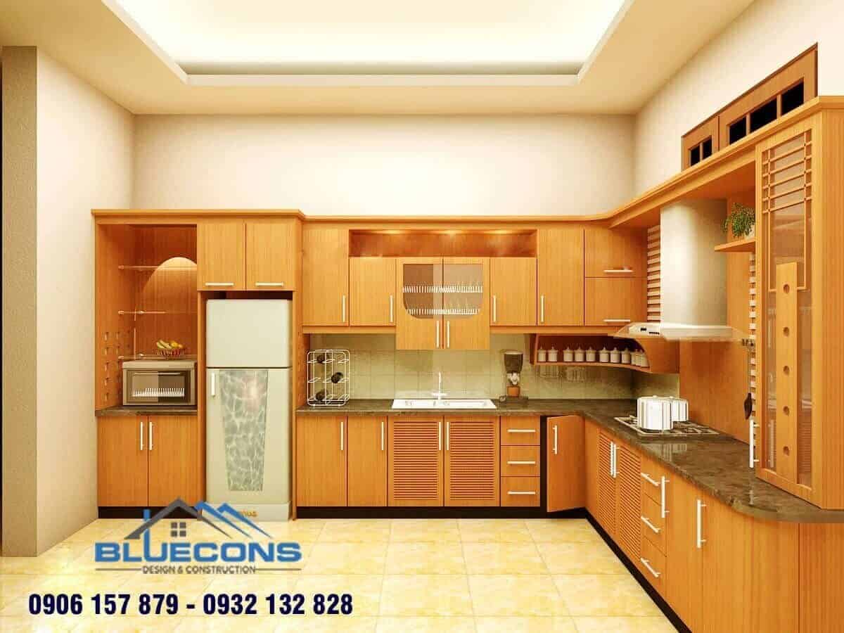 Độc đáo tủ bếp đẹp hiện đại bo góc đặt được cả tủ lạnh và lò vi sóng
