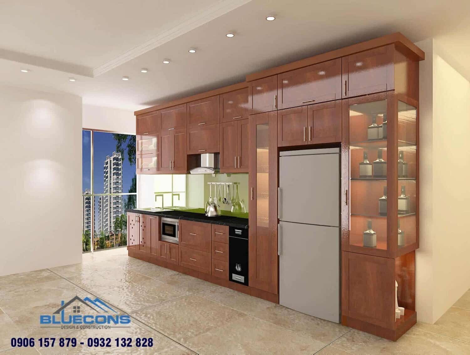 Quá đẳng cấp mẫu tủ bếp đẹp gỗ xoan đào đa năng có tủ rượu
