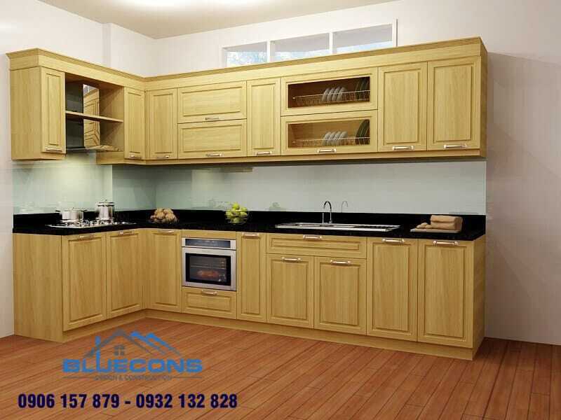 Tủ bếp chữ L vân gỗ sồi nga đơn giản mà tinh tế