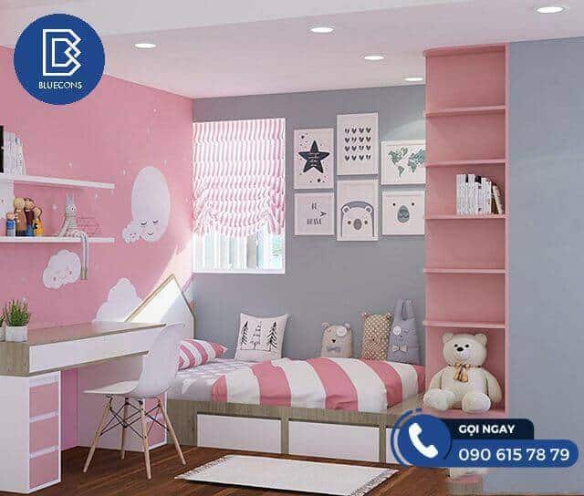 Mẫu giường ngủ cho bé gái có kệ trang trí