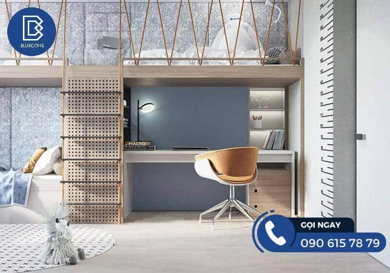 Thiết kế giường tầng cho phòng nhỏ được tích hợp với bàn làm việc tiện nghi