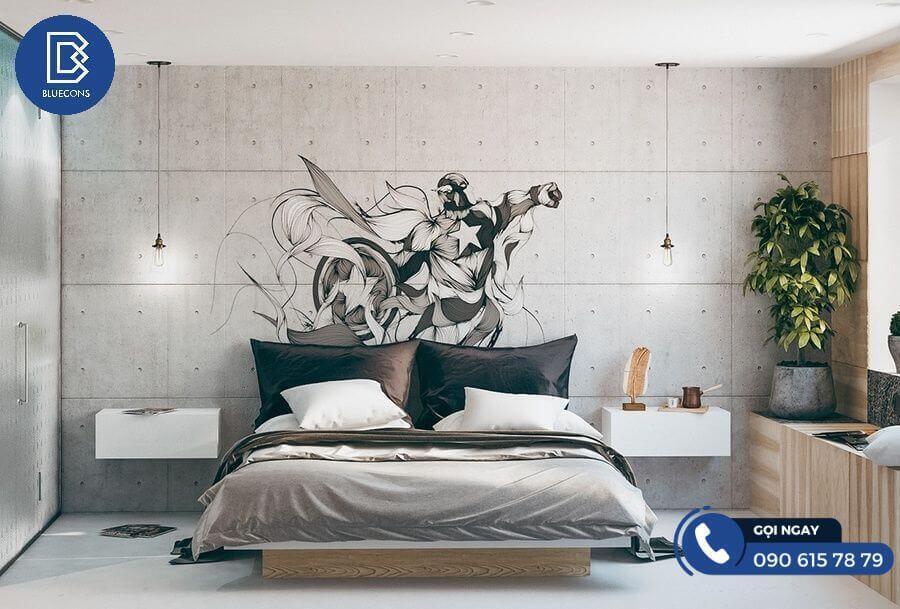 Giường Ngủ Gỗ Không Có Đầu Giường Độc Đáo 8 Tranh vẽ là điểm độc đáo đậm chất riêng tạo sức hút cho căn phòng ngủ