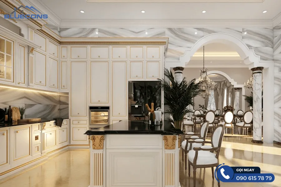 Tủ bếp tân cổ điển chữ L 2 Thiết kế phòng chung cư đẹp