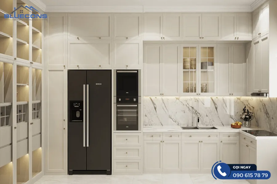 Tủ bếp tân cổ điển chữ L 10 Thiết kế phòng chung cư đẹp
