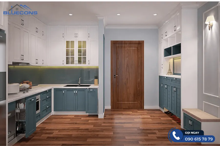 Tủ bếp tân cổ điển chữ L 11 Thiết kế phòng chung cư đẹp