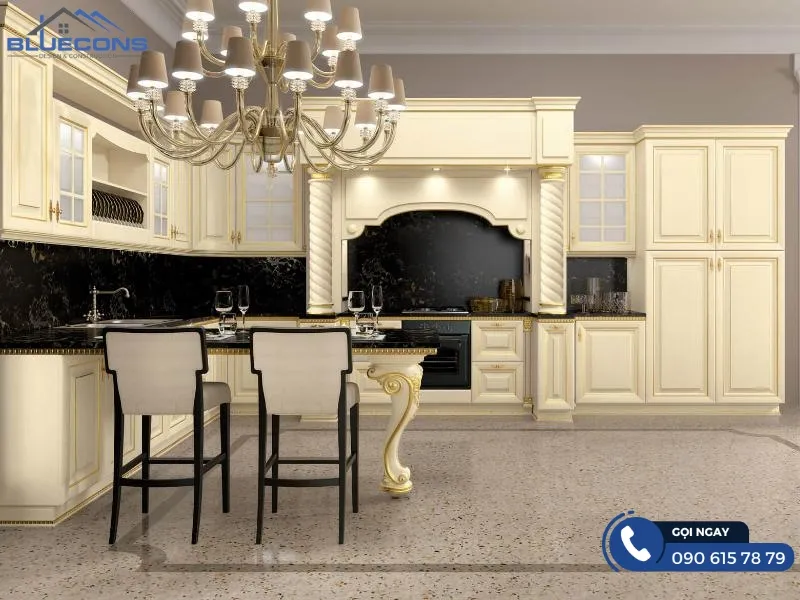 Tủ bếp tân cổ điển gỗ công nghiệp 7 Thiết kế phòng chung cư đẹp