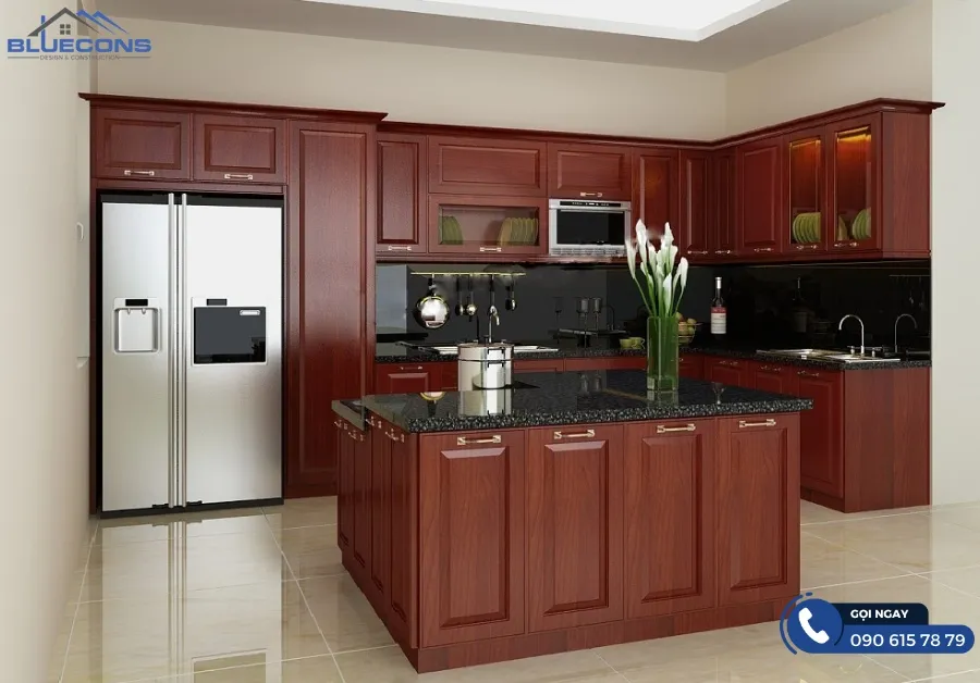 Tủ bếp gỗ đỏ 4 Thiết kế phòng chung cư đẹp