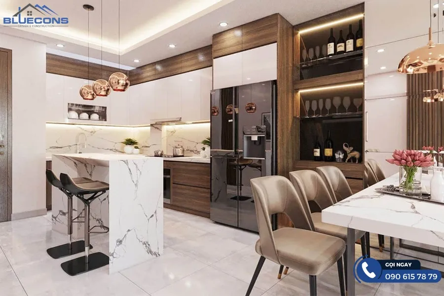 Tủ bếp kết hợp tủ rượu 3 Thiết kế phòng chung cư đẹp