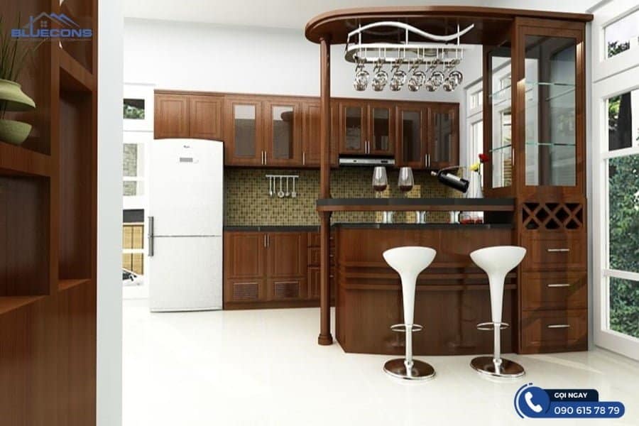 Quầy bar bếp chữ U 5 Chất liệu gỗ tạo cảm giác mộc mạc, giản dị