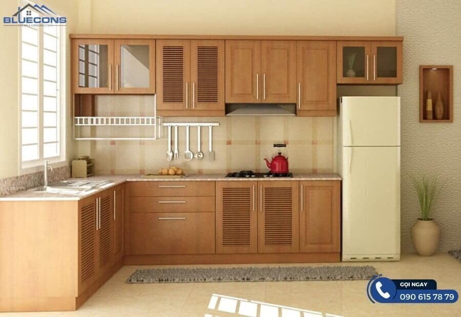 Tủ bếp chữ L cho nhà nhỏ 12 Tủ bếp chữ L màu nâu