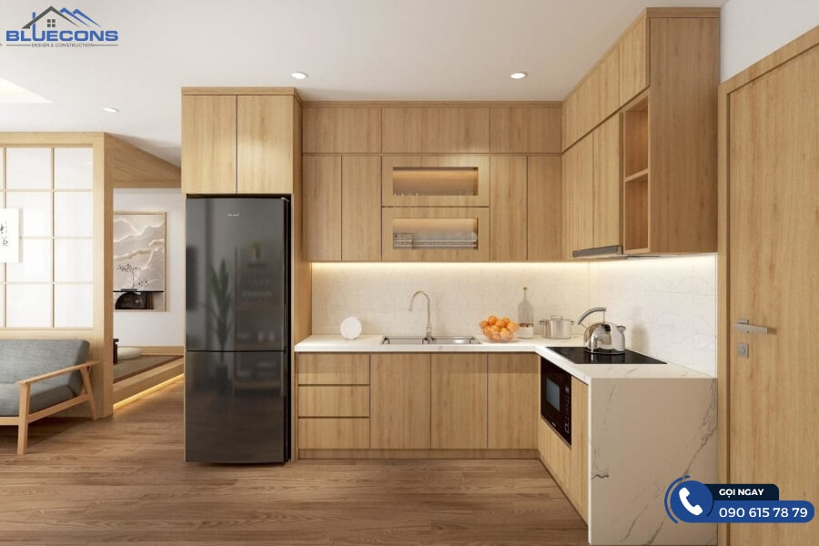 Thiết kế tủ bếp gỗ đơn giản cho căn hộ chung cư 