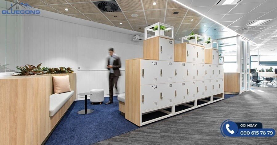 Tủ locker gỗ công nghiệp kết hợp kệ trang trí độc đáo