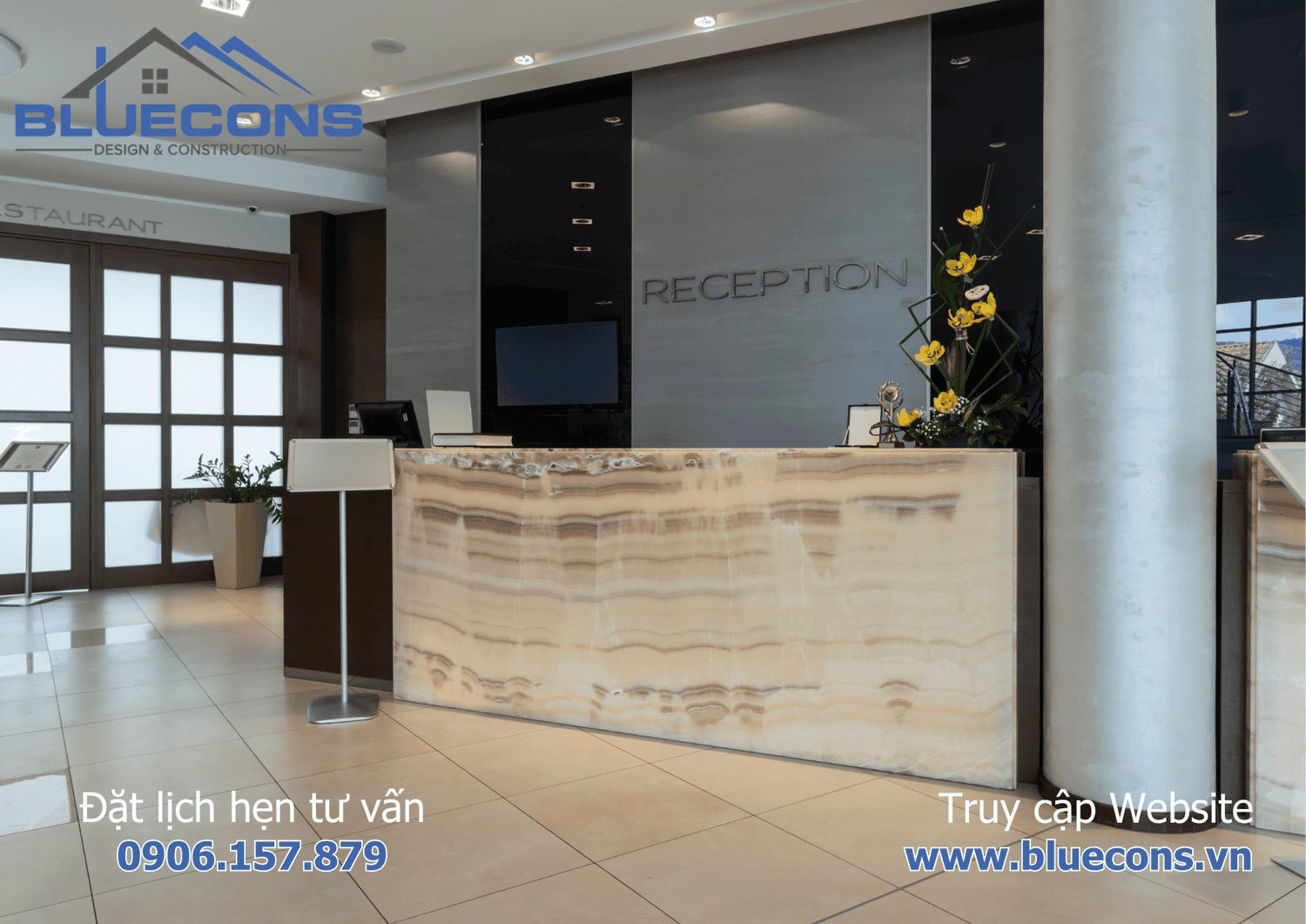 Quầy lễ tân đẹp hiện đại, Bàn quầy lễ tân được thiết kế độc đáo tại Bluecons 2024