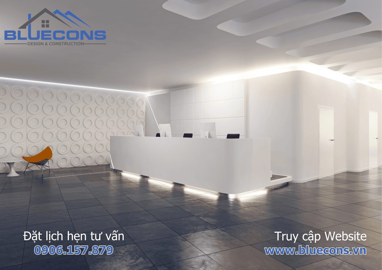 Quầy lễ tân đẹp hiện đại, Bàn quầy lễ tân được thiết kế độc đáo tại Bluecons 2024