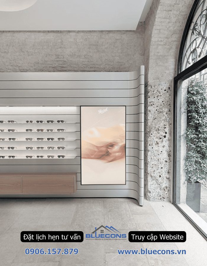 Thi công shop kính thuốc đẹp trưng bày hiện đại