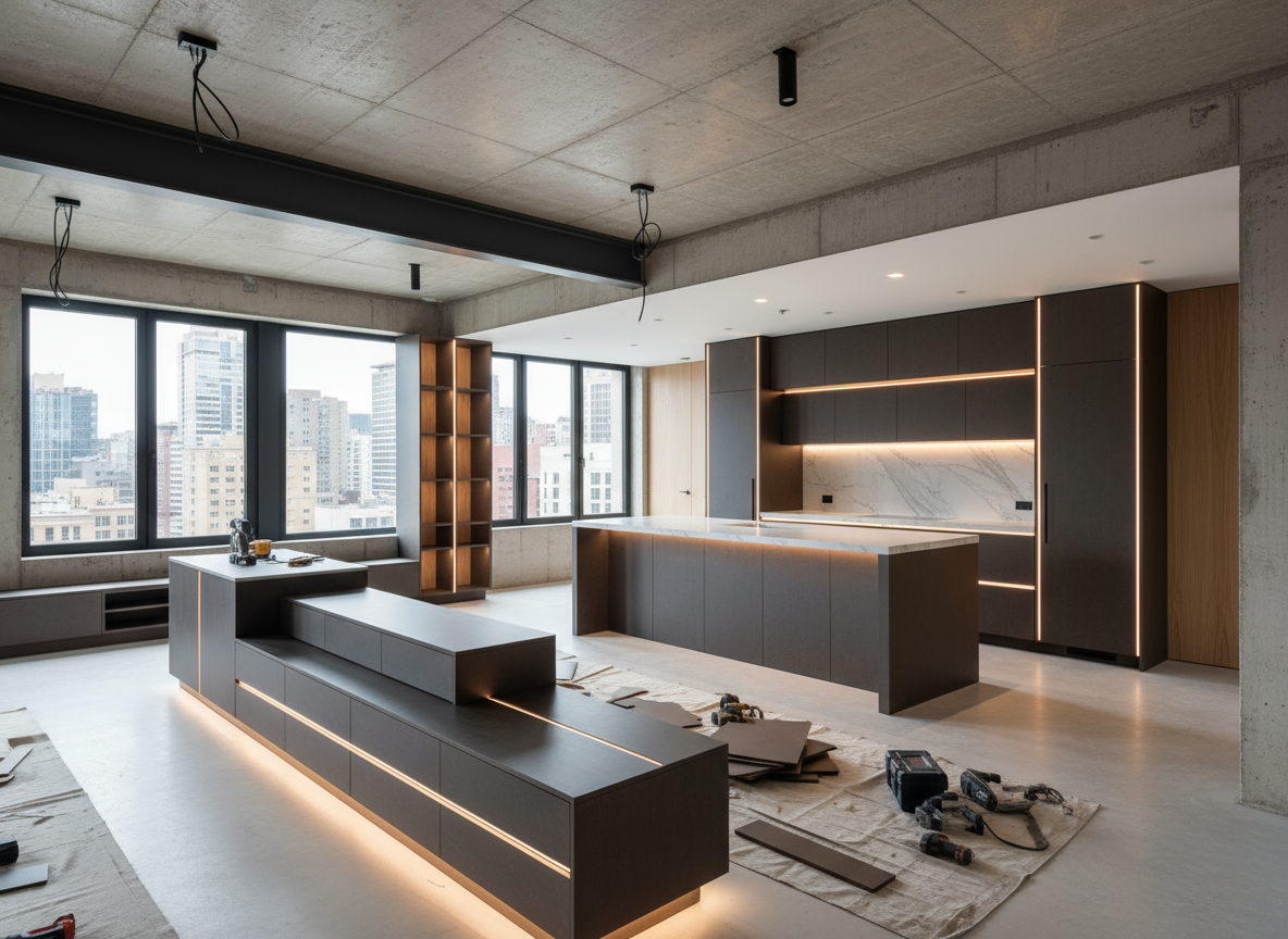 Firefly Gemini Flash Construction of modern open concept living room and kitchen, elegant MDF furniture, L 951568