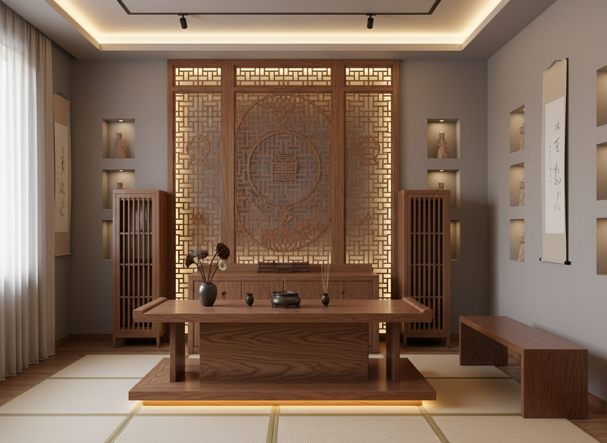 Firefly Gemini Flash Generate an image of a solemn townhouse altar room with natural wood altar table, sof 951568