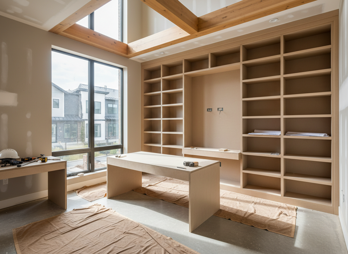 Firefly Gemini Flash Modern townhouse home office construction, MDF desk, built in bookshelves, natural li 951568