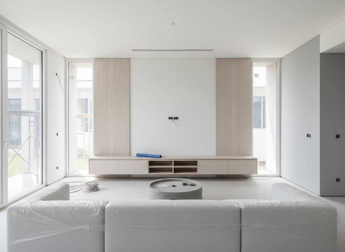 Firefly Gemini Flash Modern townhouse living room construction, minimalist style, MDF wood furniture, eleg 951568