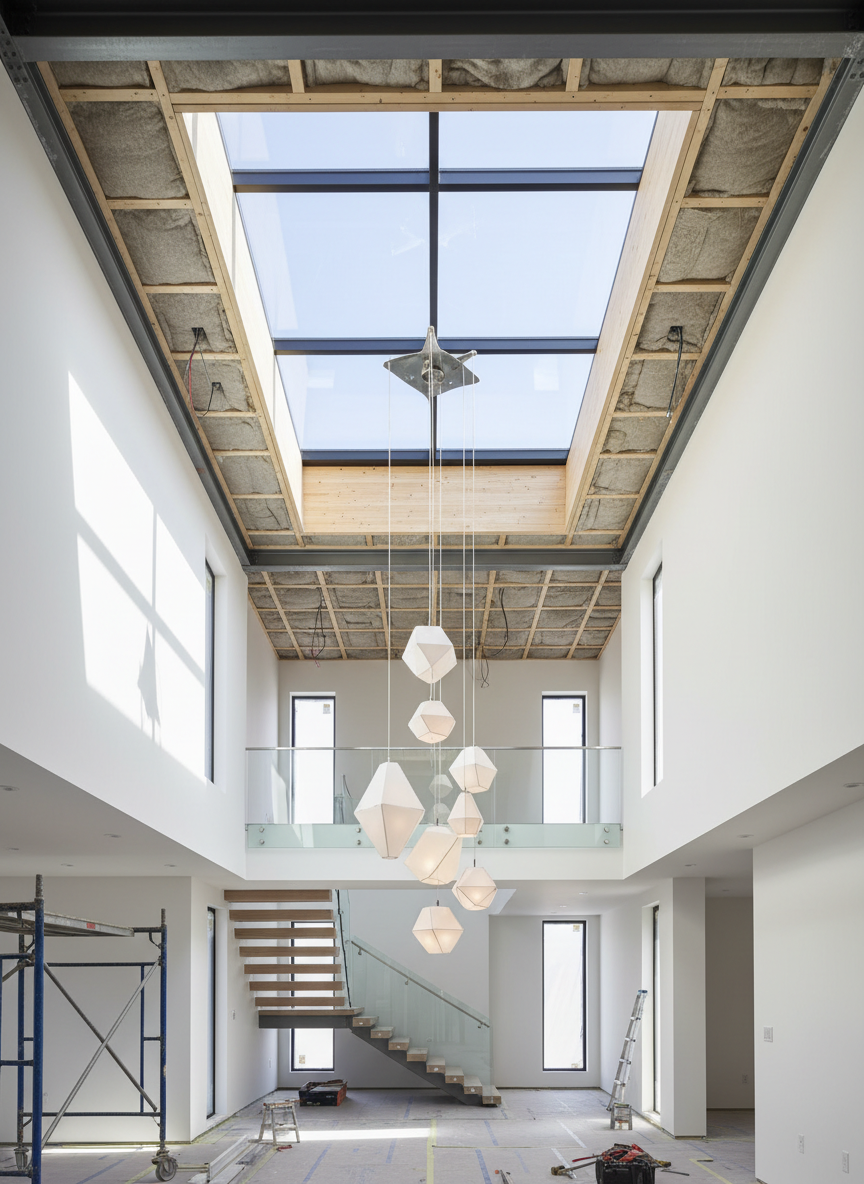 Firefly Modern townhouse skylight construction, high open ceiling, decorative pendant lights, 951568