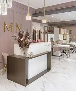 Mẫu quầy thu ngân tại salon tóc hiện đại, sang trọng.