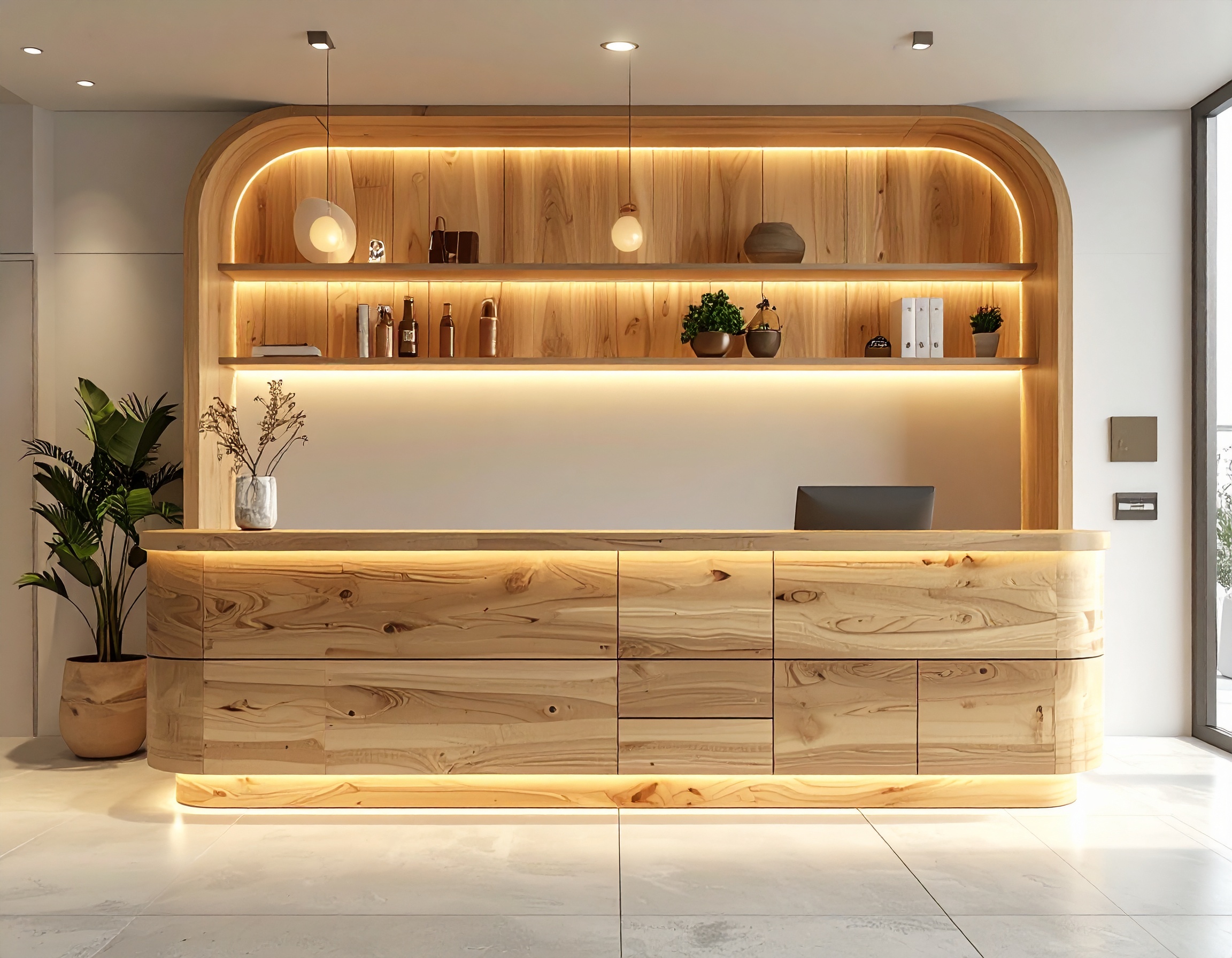 Quầy lễ tân chữ L tiết kiệm diện tích (1) Quầy lễ tân chữ L tiết kiệm diện tích (1)