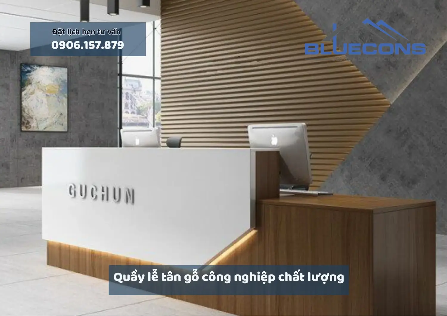 Quầy lễ tân gỗ công nghiệp chất lượng thiết kế sang trọng thịnh hành 2024 4 Quầy lễ tân gỗ công nghiệp chất lượng thiết kế sang trọng thịnh hành 2024