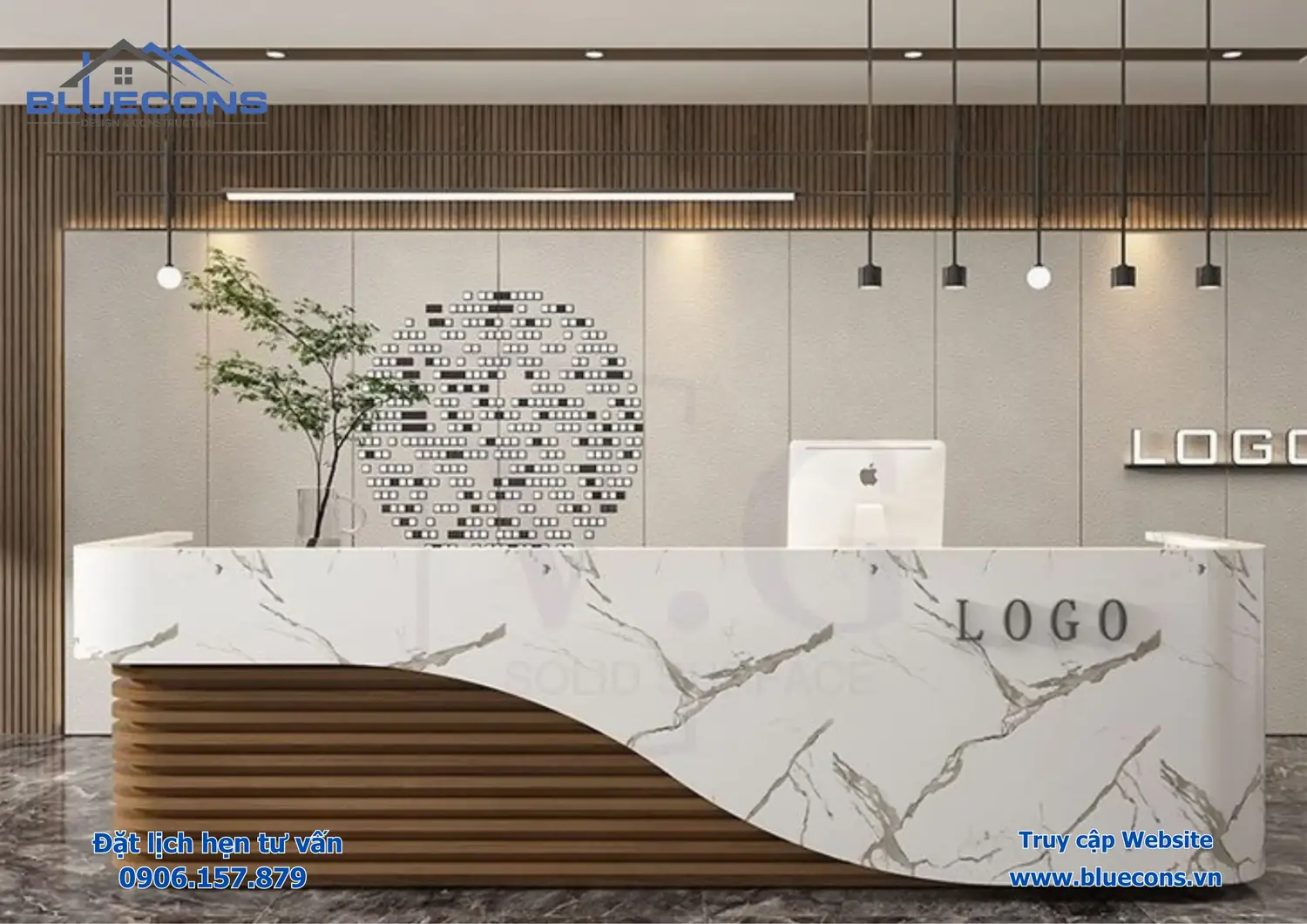 Quầy lễ tân gỗ tự nhiên đẹp tại Bluecons mới nhất 2024 2 Quầy lễ tân gỗ tự nhiên đẹp tại Bluecons mới nhất 2024