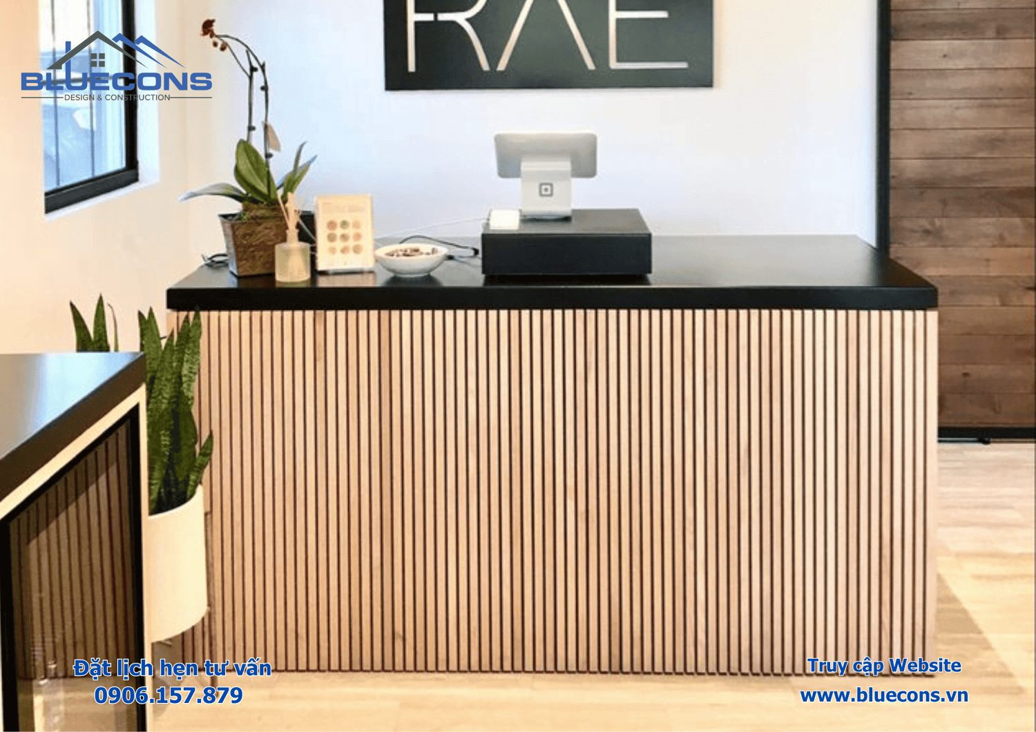 Quầy lễ tân gỗ tự nhiên đẹp tại Bluecons mới nhất 2024