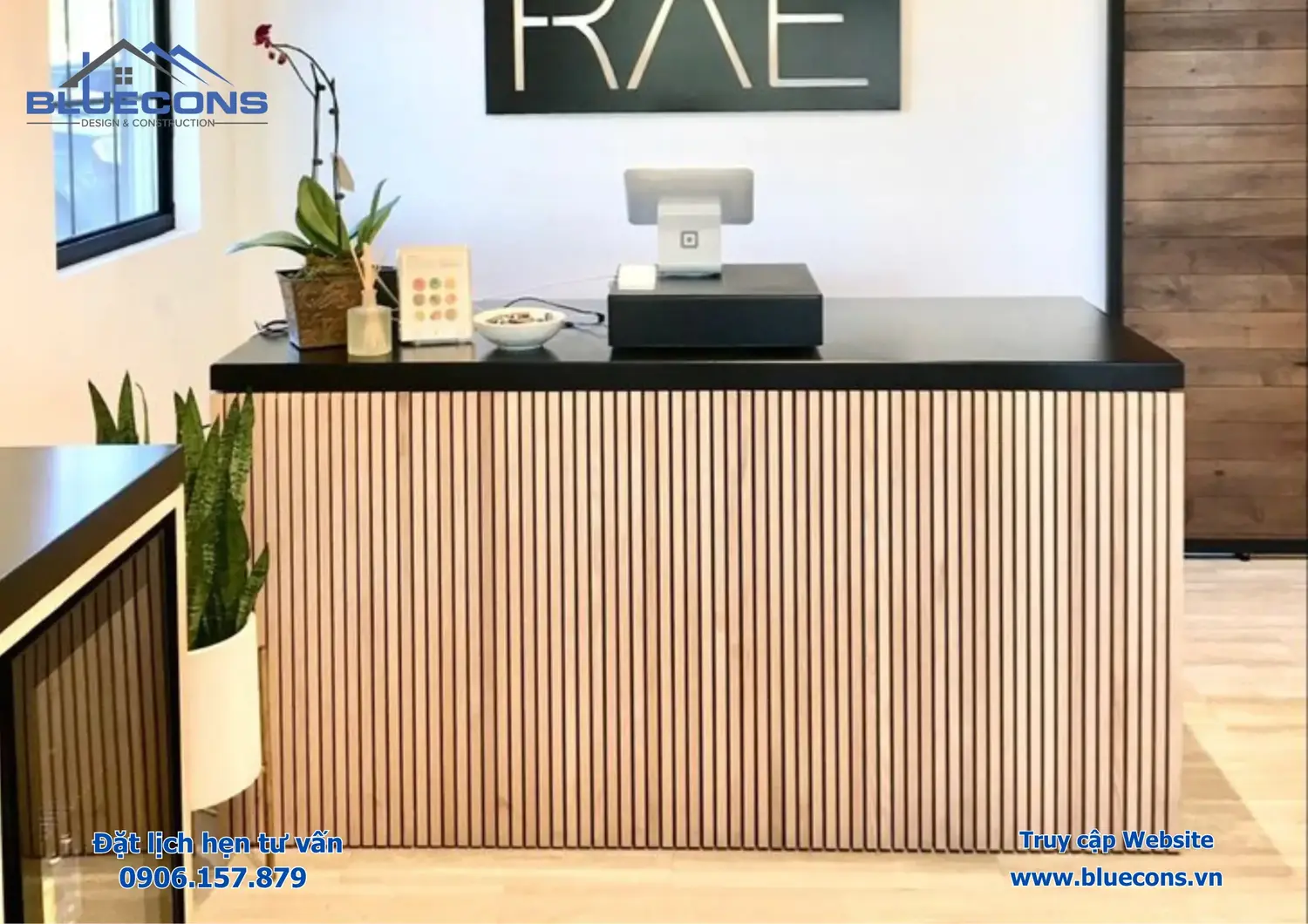 Quầy lễ tân gỗ tự nhiên đẹp tại Bluecons mới nhất 2024 4 Quầy lễ tân gỗ tự nhiên đẹp tại Bluecons mới nhất 2024