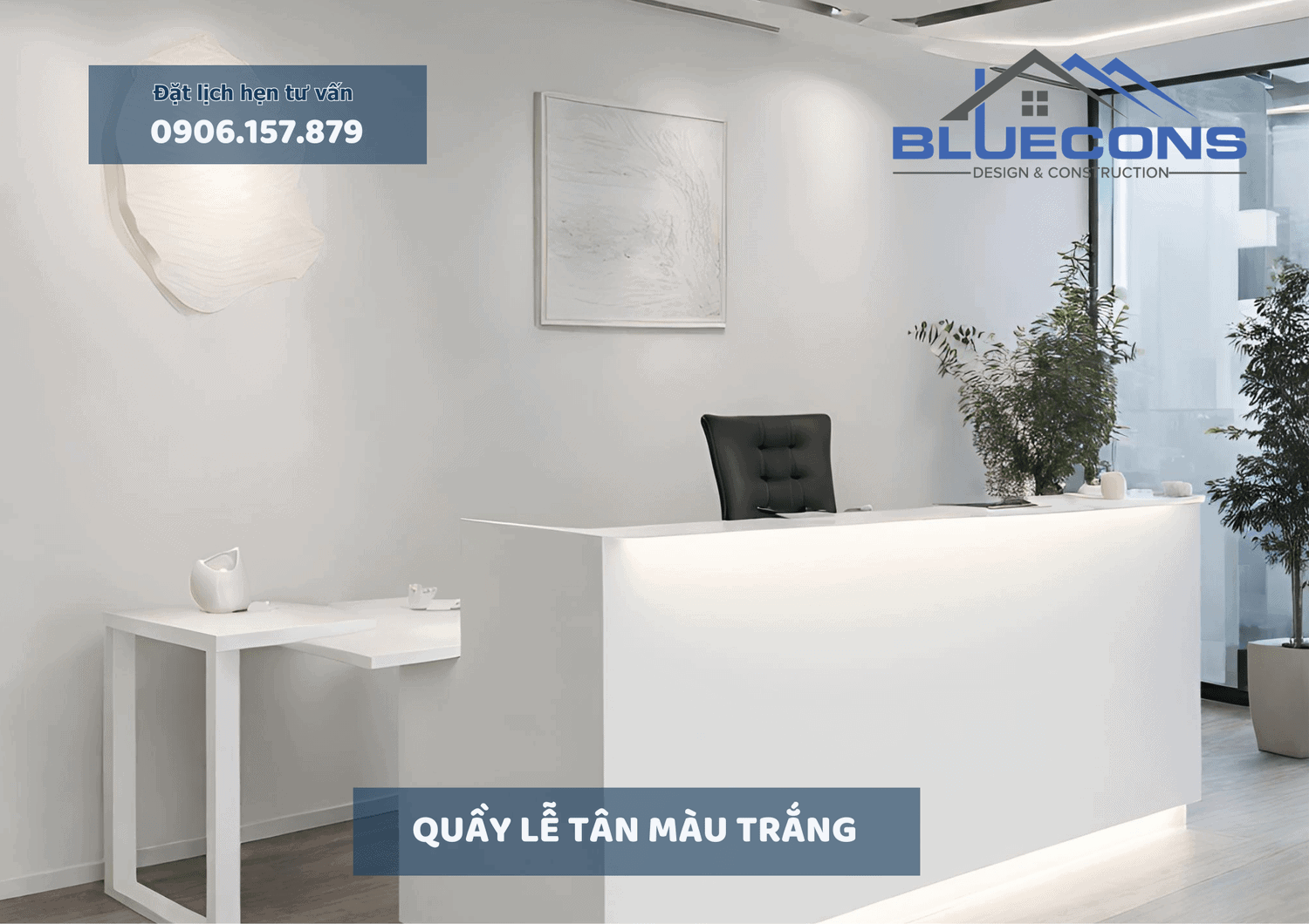 Quầy lễ tân màu trắng với thiết kế sang trọng mới nhất 2024