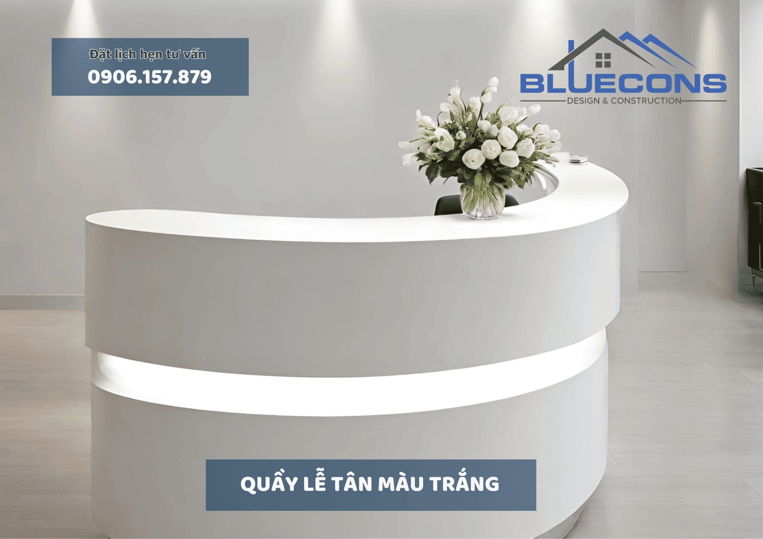 Quầy lễ tân màu trắng với thiết kế sang trọng mới nhất 2024