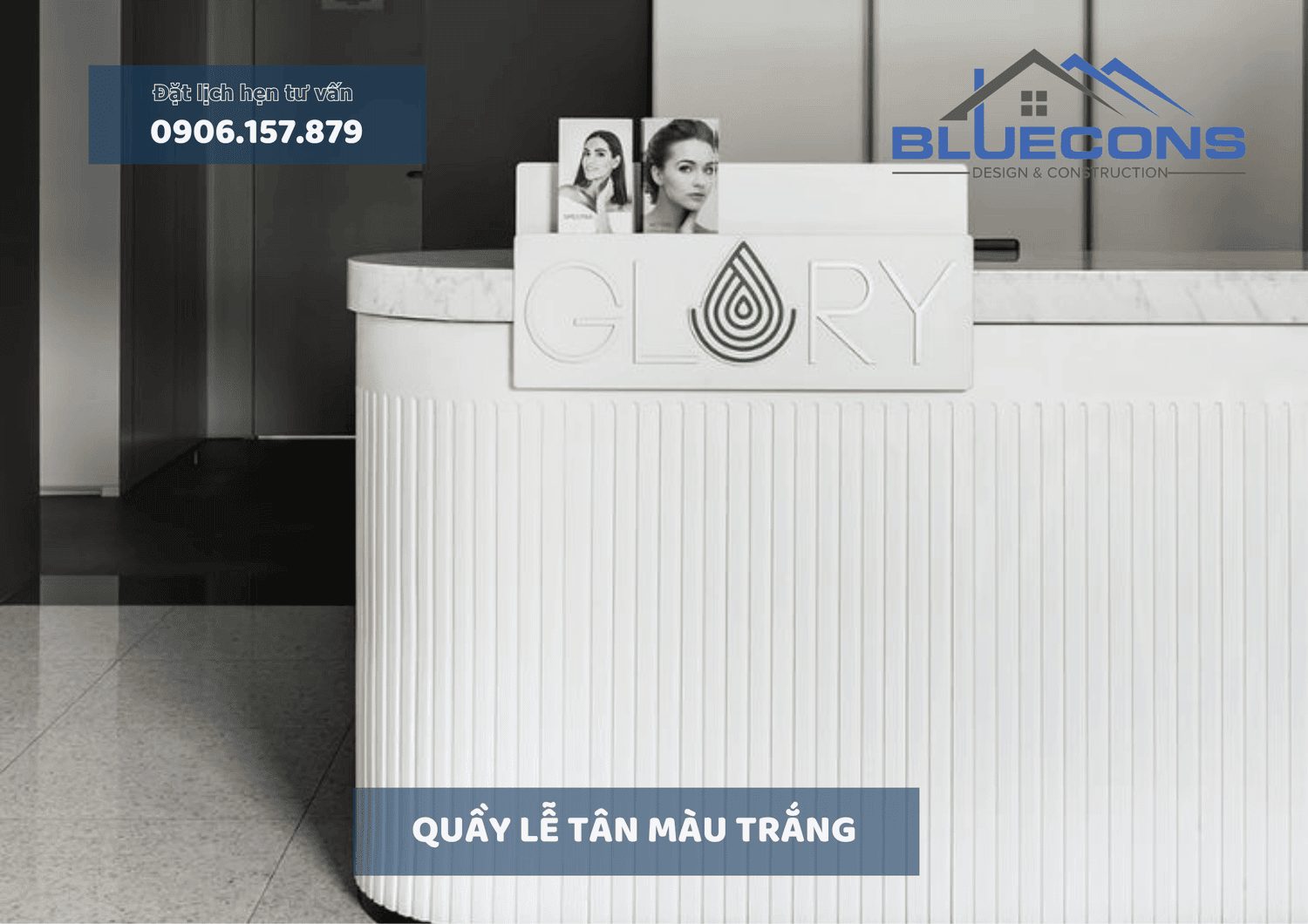 Quầy lễ tân màu trắng với thiết kế sang trọng mới nhất 2024