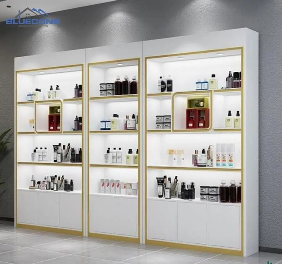 99+ Mẫu Kệ Trưng Bày Mỹ Phẩm Hot Nhất 2024 Tại Bluecons 9 Thiết kế tủ trưng bày mỹ phẩm gỗ kết hợp kính ấn tượng