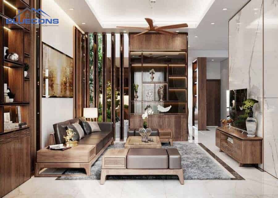Tủ trang trí phòng khách kết hợp nhiều chất liệu