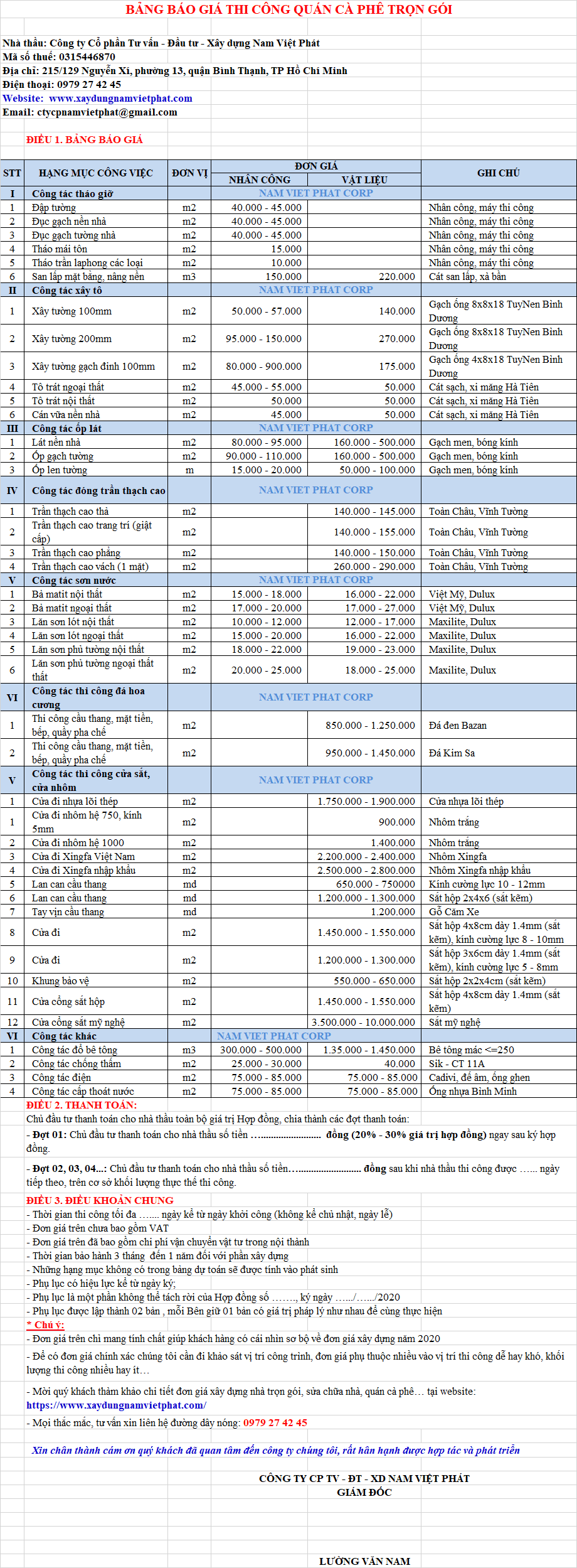 Bảng báo giá thi công quán cafe