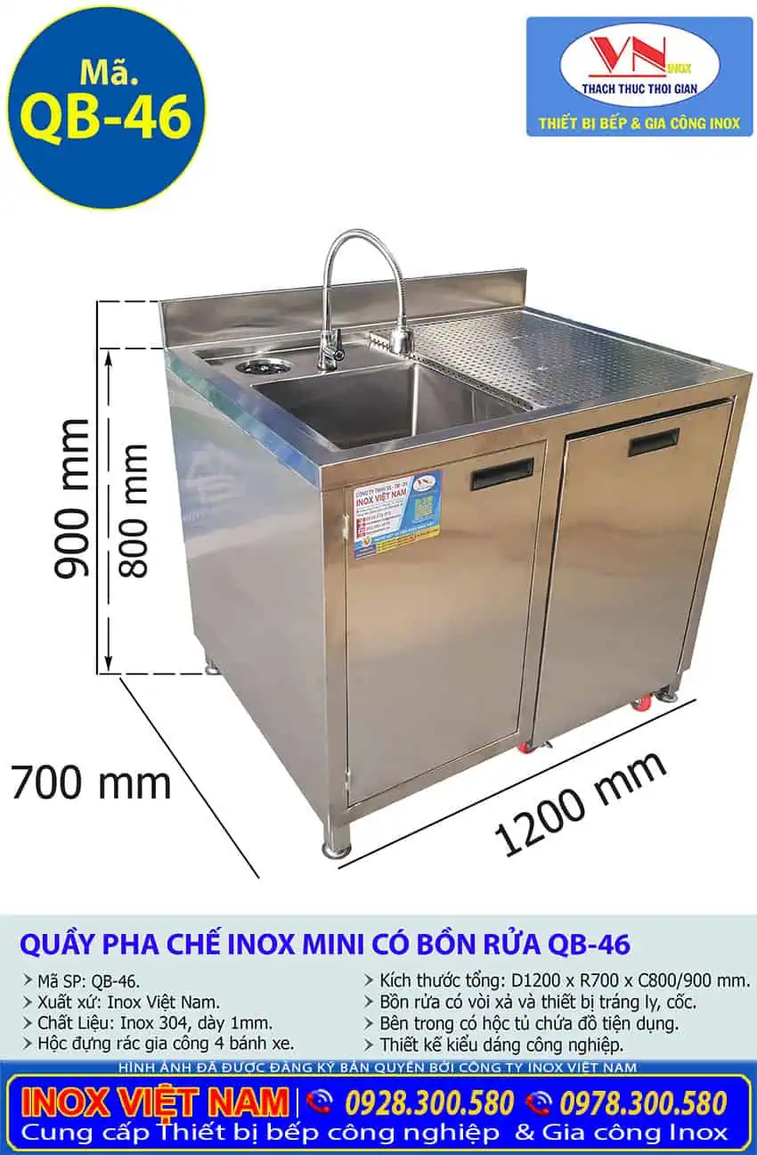 Quầy pha chế dài 2.2m chậu rửa, thùng đá kèm khay topping