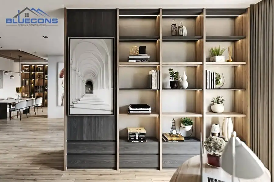 +30 mẫu Tủ Tường Phòng Khách Đẹp - Giá Rẻ Chất Lượng Cao 20 Kệ trưng bày phòng khách chất liệu Acrylic độ bền cao