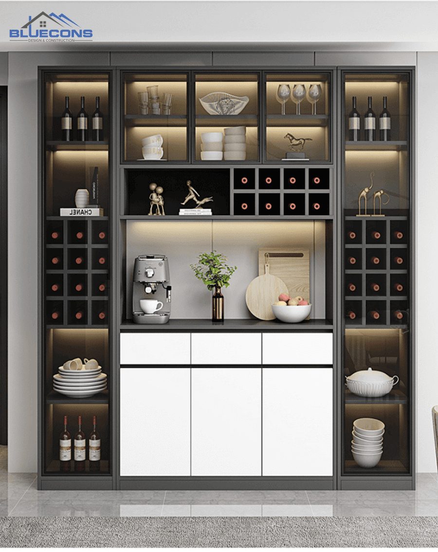 Tủ tường phòng khách gỗ công nghiệp cửa kính